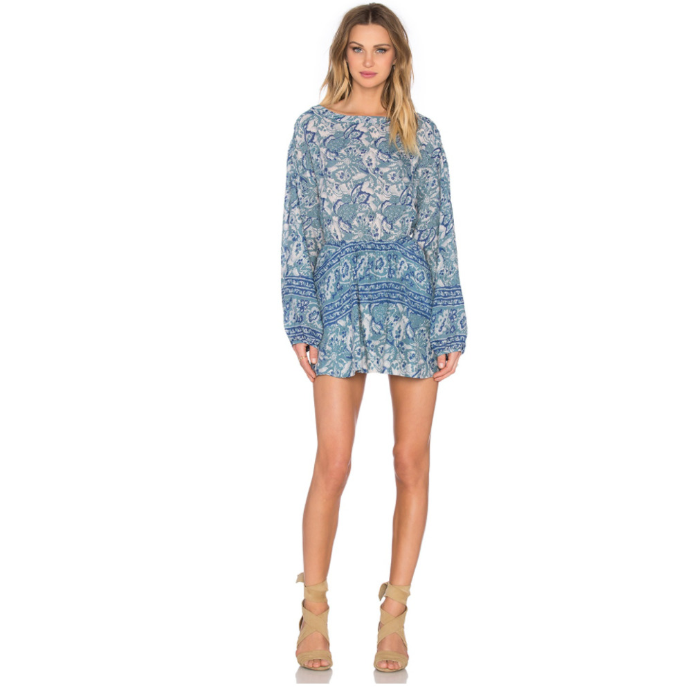 Free People Silver Sun Printed Mini Dress S Long Sleeve Cutout Back Washed Blue